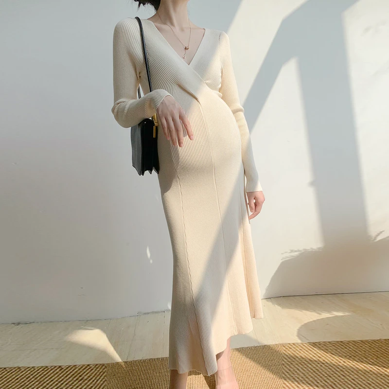 Fashion Maternity Long Sleeve Dress Elegant Maternity Breathable Dress Maternity Sweater Dresses