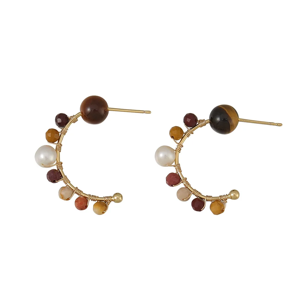 tiger eye stone copper wire winding handmade freshwater pearl tarnish free stud earrings women