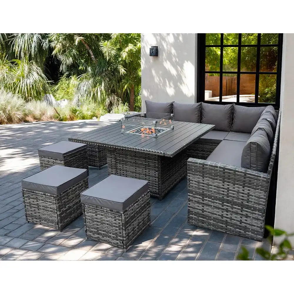 Outdoor Rattan Garden Furniture Patio Corner Sofa Cube Set with Fire Pit Table for Garden or Courtyard Use