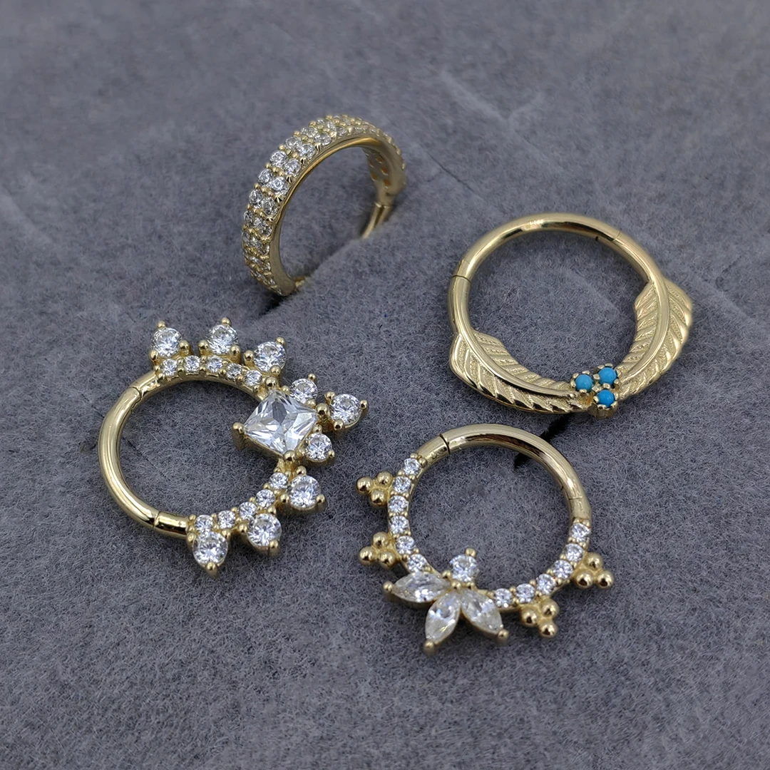 Calendo Fine Jewelry  14k Solid Yellow Gold Hinged Segment Clicker 2 Row Crystal CZ Paved Septum Ring Piercing Earring Jewelry