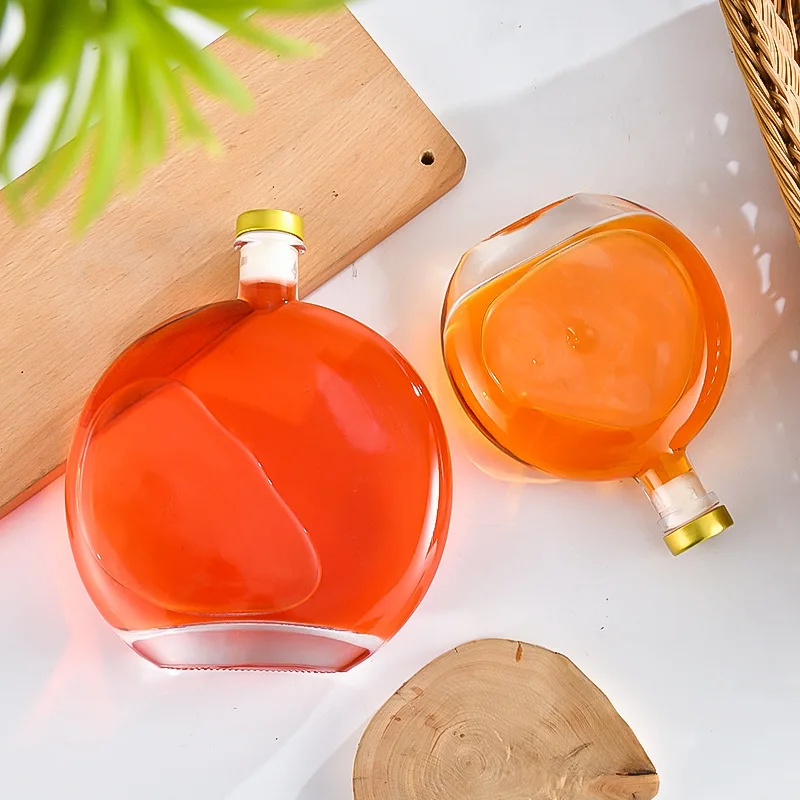 Hot Selling Fancy 250ml 500ml Flat Round Gin Glass Bottle For Coffee Liquor Wine Glass Bottle With Cork Stopper