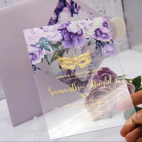 Luxury Gold Masked Ball Styles Sweet 16 Invite Quinceanera Acrylic Invitation With Purple Flowers Printing