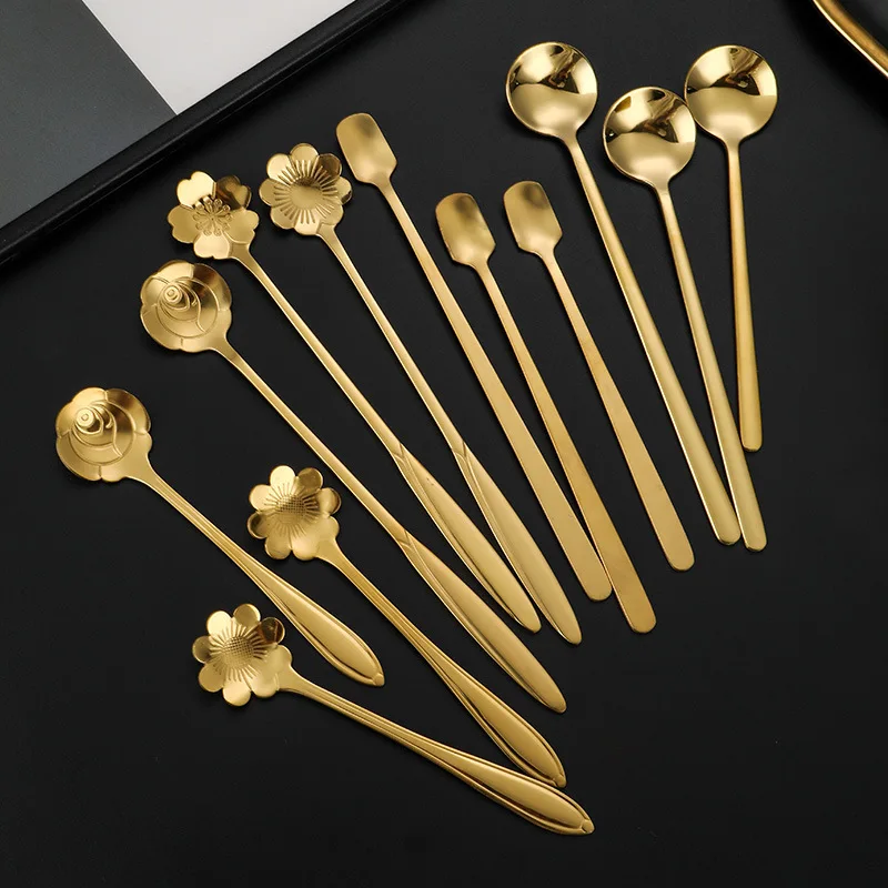 Stainless steel flower/suare/round shape gold dessert spoon tea spoon