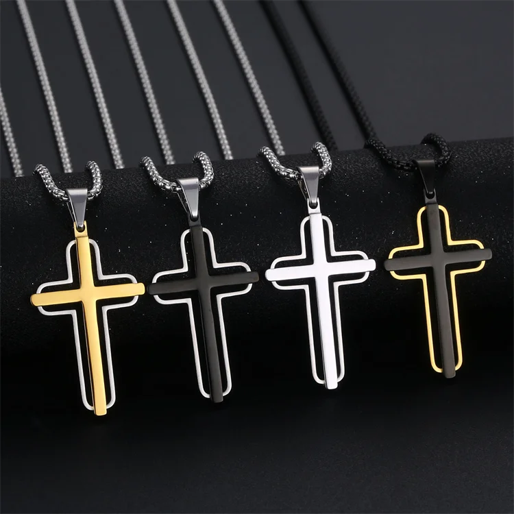 New simple design religious jewelry double cross pendant necklace for men
