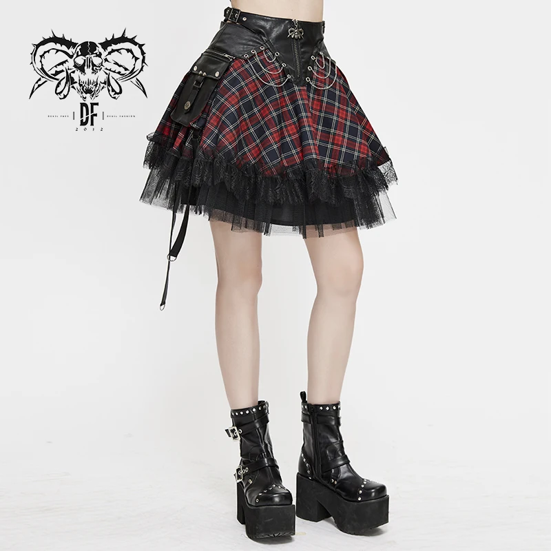 SKT110 summer japanese fashion lace up leather waist Scottish plaid punk cute girls small Tartan skirt with bag
