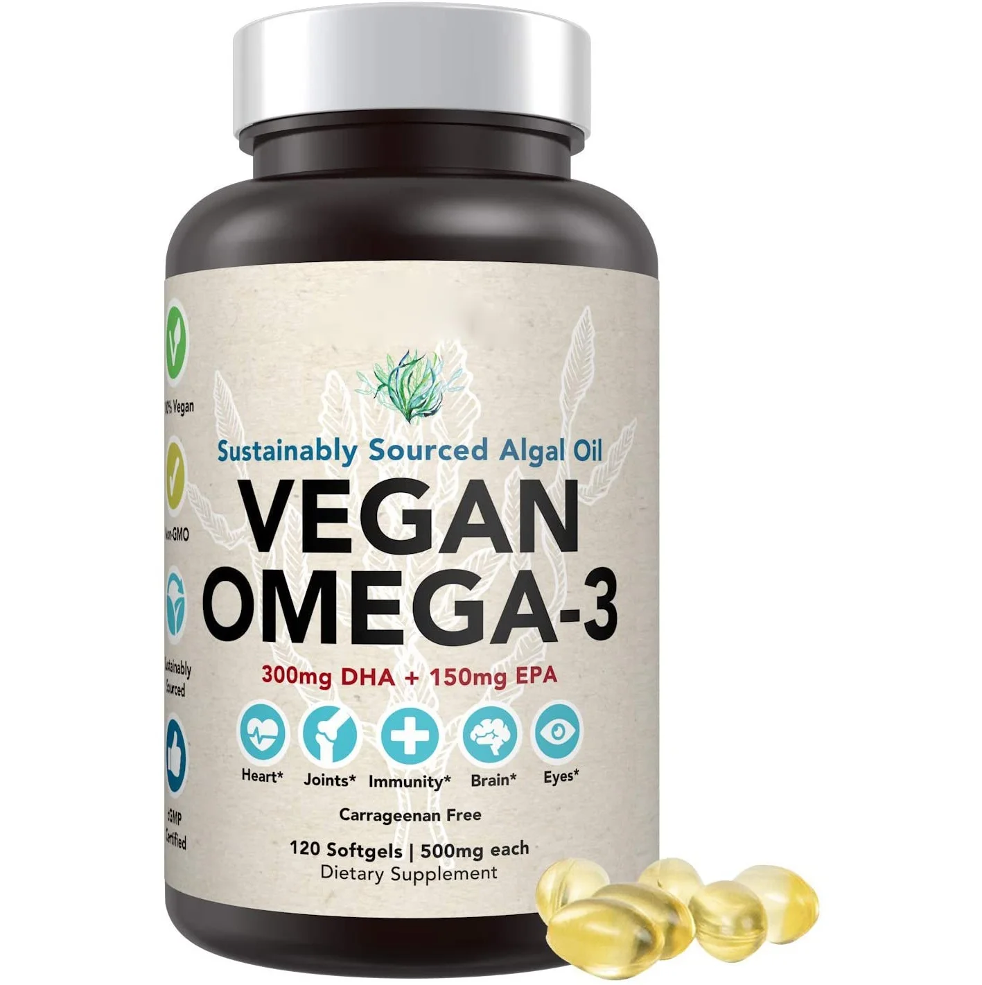 
Private Label Premium Vegan Omega-3 Supplement Fish Oil Alternative Plant Based DHA & EPA Algal Oil 120 Carrageenan Free Softgel 