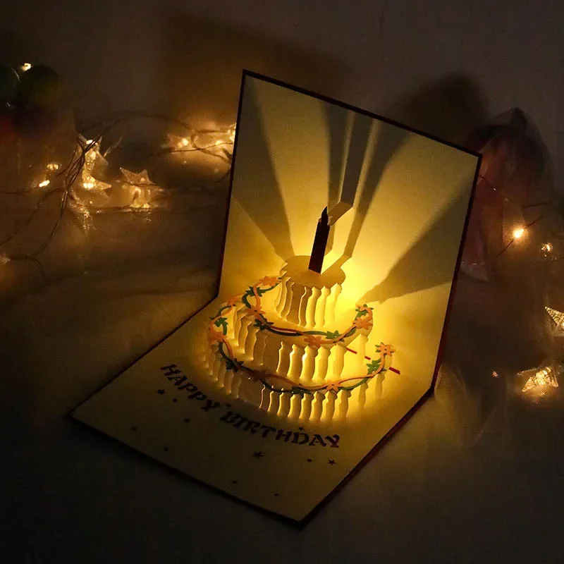 3D Pop Up LED Light Happy Birthday Anniversary Invitation Card with Music Laser Cut Luxury Greeting Paper Gift Card