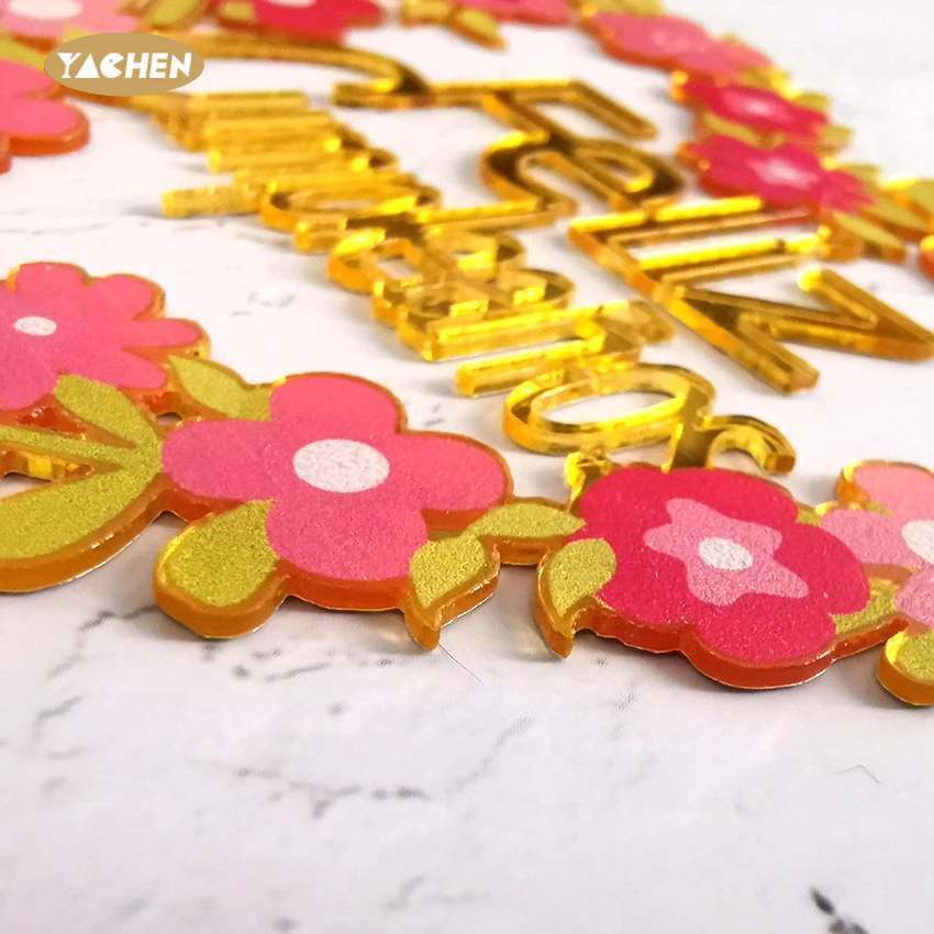 YACHEN Wholesale Custom Acrylic Happy Birthday Cake Topper Decoration Golden Flower Acrylic Cake Toppers