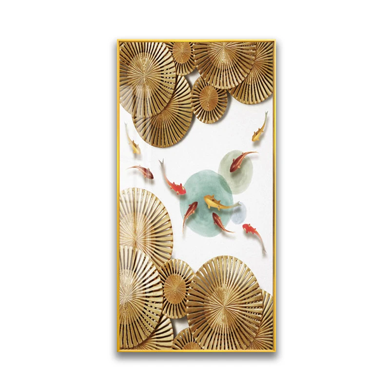Golden Fish Painting Abstract Modern Style Lotus And Golden Fish Crystal Porcelain Painting For Decor