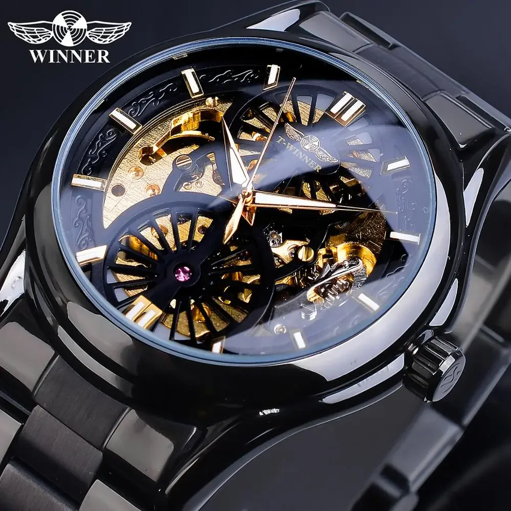 Winner Watch 2019 New Sport Mechanical Gear Watches Montre Homme Black Steel Band Clock Mens Business Automatic