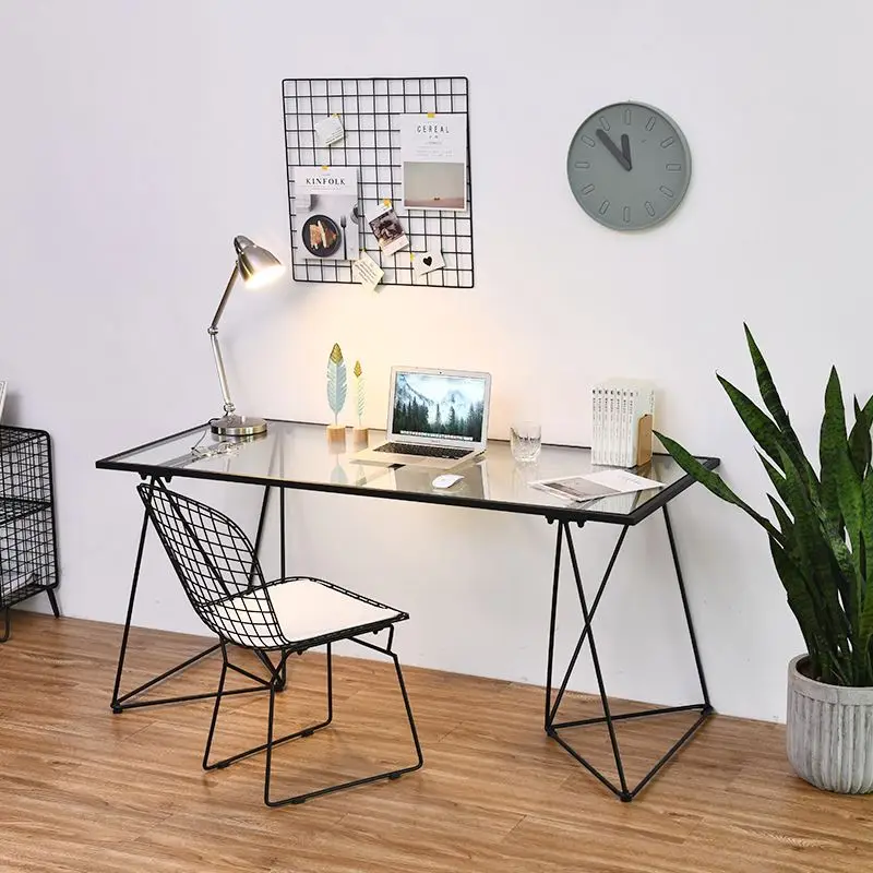 
Nordic modern iron household computer desk simple toughened glass table minimalism writing desk with slender metal bracket 