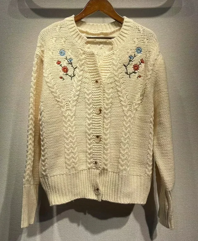 Top Quality New Wool Knitted Cardigan 2023 Autumn Winter Knitwear Ladies Floral Embroidery Long Sleeve Casual Cardigan Coats
