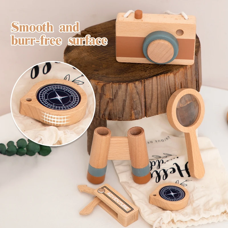 5pcs Outdoor Adventure Set DIY Science Engineering Wooden Toys Including Camera Magnifying Glass Telescope Compass Wooden Knife