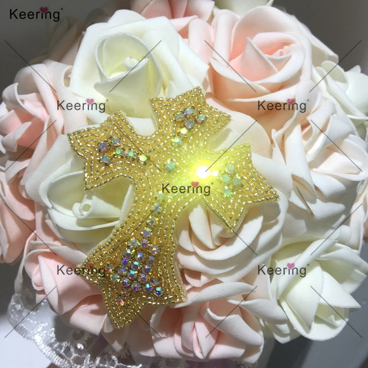 Keering DIY Cross Glass And Pearl Crystal Applique Design For Phone Cases Sash Shape Rhinestones Iron On Gold Applique Patches