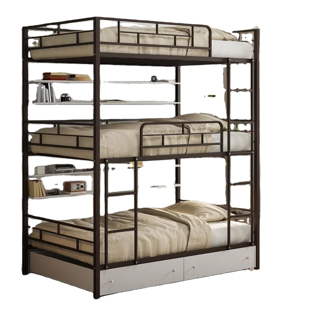 JZD Triple Decker Bunk Bed Tube Steel Tube Design 3-layer Adult Cabin Beds for Sale Latest Designs Hotel Metal Pine Wood Iron
