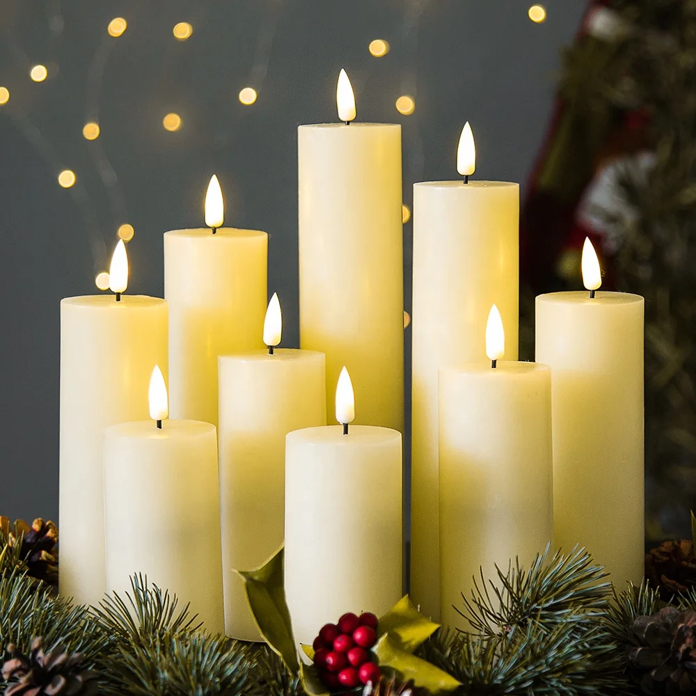 3d-пламя Гладкий D5 столб плоский слоновой кости парафиновый воск таймер дистанционное питание от батарейки Праздничная светодиодная беспламенная свеча