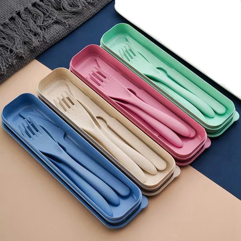 Набор многоразовой дорожной посуды в футляре 4 набора портативный нож вилка ложки посуда из пшеничной соломы не содержит бисфенола А