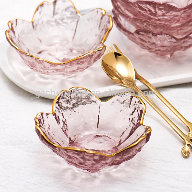 Small Glass Dish Nordic Style Gold Inlay Glass Sauce Bowl Mini Japanese Cherry Blossoms Seasoning Plate For Ice Cream Fruit Sala