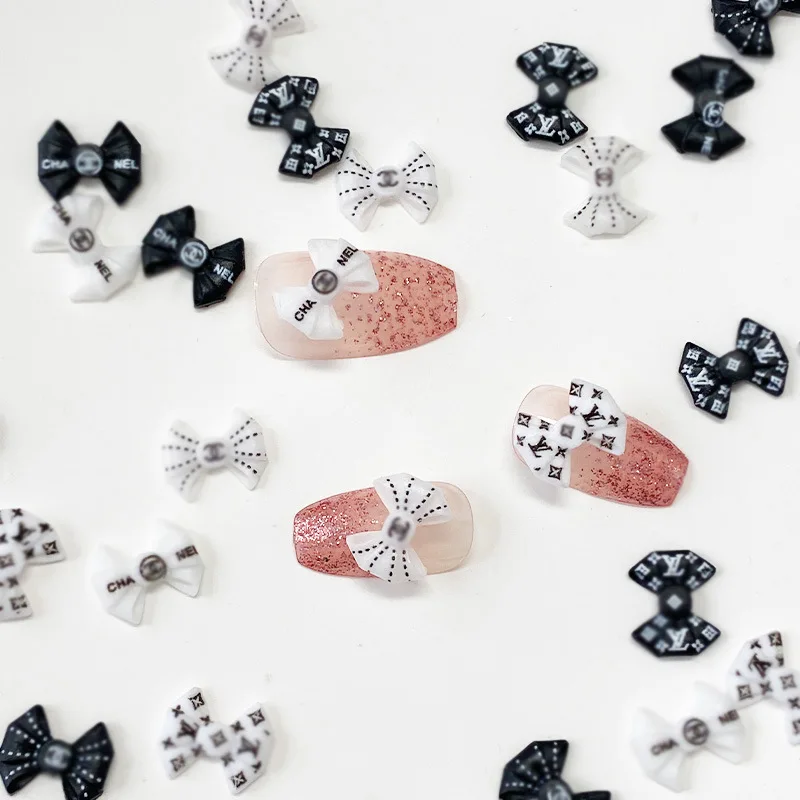 Resin Nail Accessories Black White Mocha French Nail Jewelry Decoration CC Bow Nail Charms Big Brand