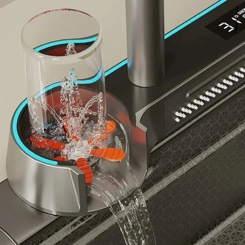 Stainless Steel Waterfall Kitchen Sink Large Single Slot Integrated Digital Display Faucet Set Embossed Wash Basin