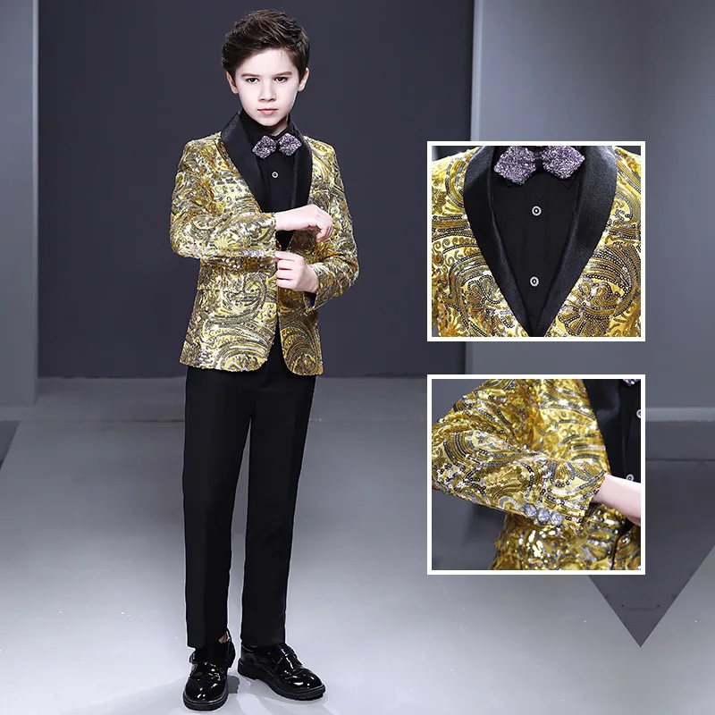 6-16y Gold Sequined Elaborate Kids Clothing Children Wear Plus Size Men Suits Host Piano Performance Flower Boys Tuxido Blazer