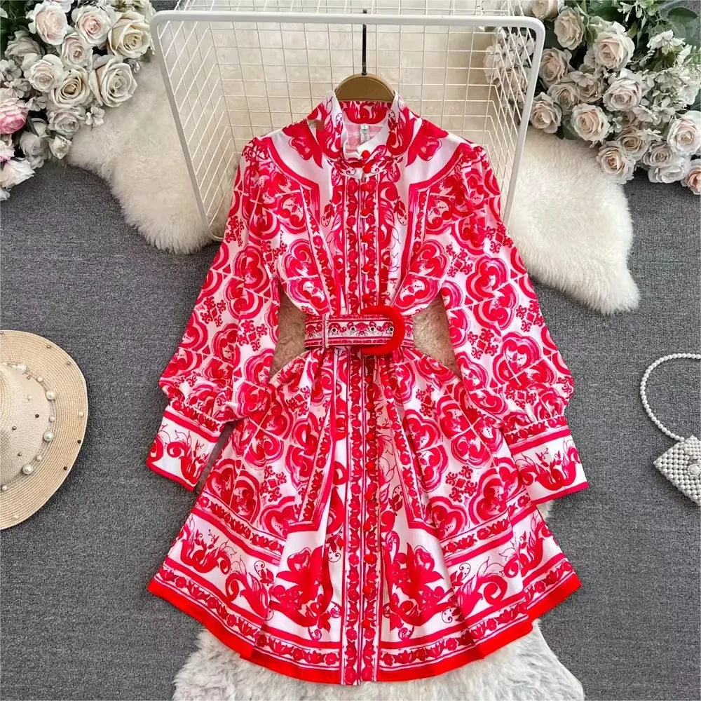 Tunic Waist Mini Skirt for Women Lantern Sleeves Empire Print Shirt Dress