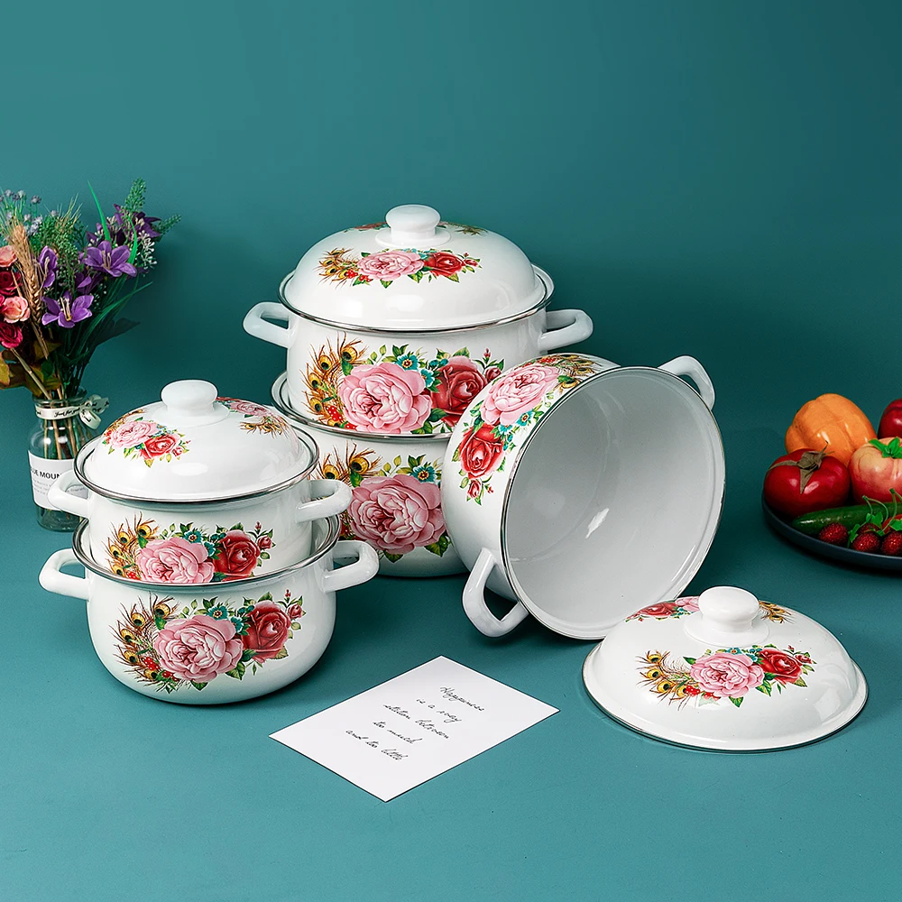 Peacock feathers and flowers bloom cast-iron enamel casserole enamel  pot set