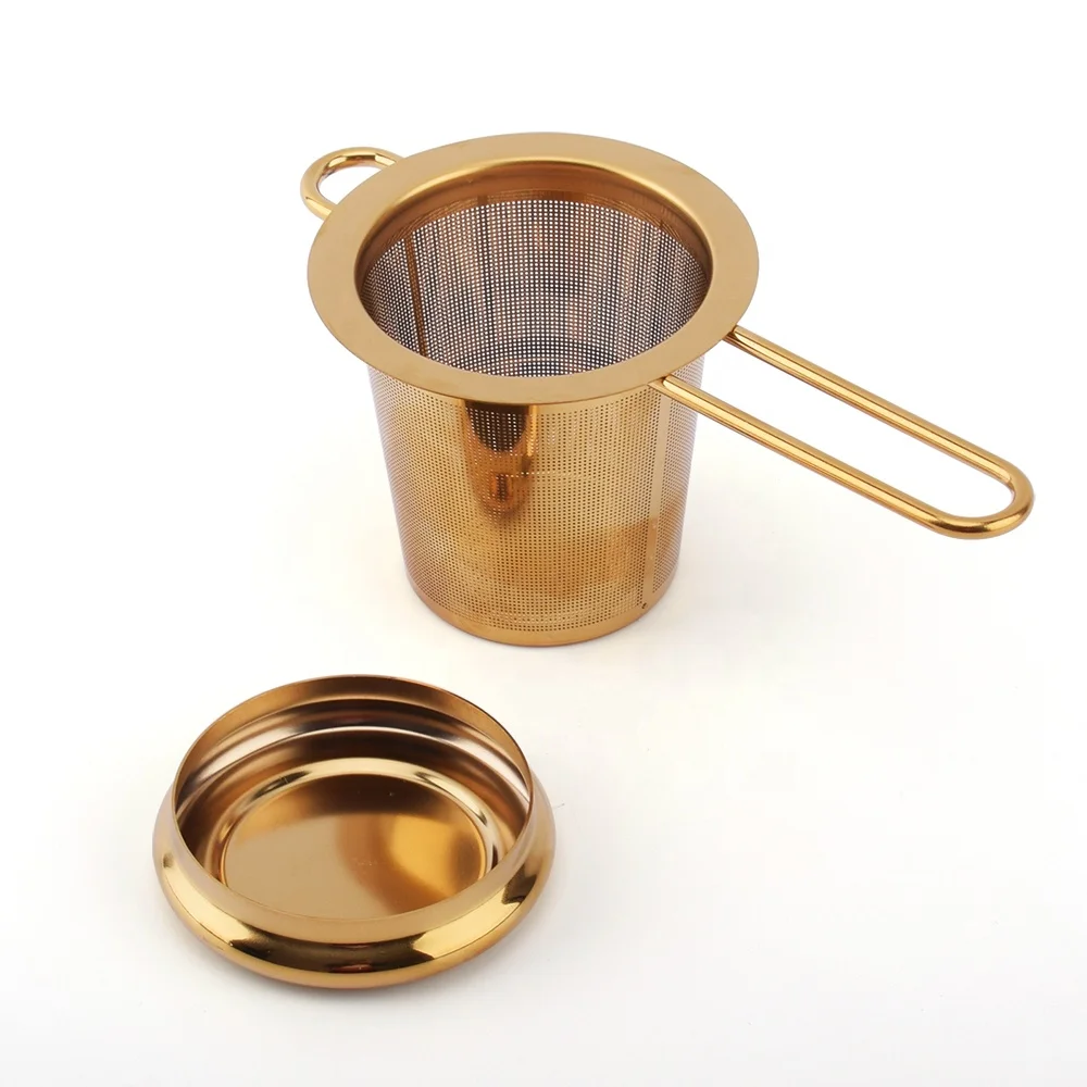 Gold Stainless Steel Tea Infuser Strainer Basket for Loose Leaf Tea with Lid and Fixed Handle