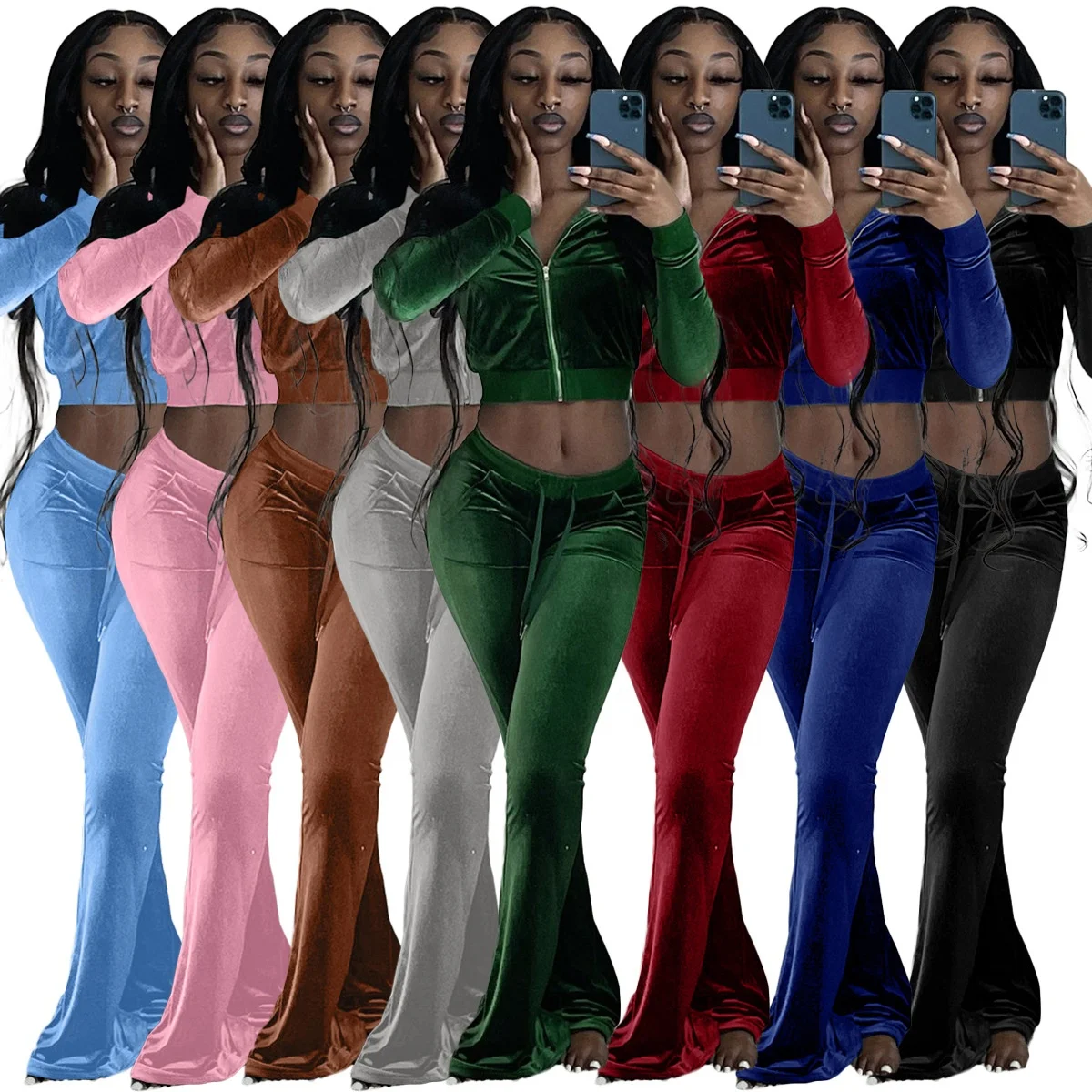 New Velvet Tracksuit For Women Ladies 2PC Solid Crop Top And Flared Pant Casual Outfits Two Piece Pants Set