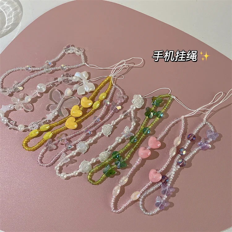 Wholesale Acrylic Crystal Mobile Phone Case Chains Wristlet Charms String Cell Phone Wrist Bead Charms Cute Phone Charm Strap