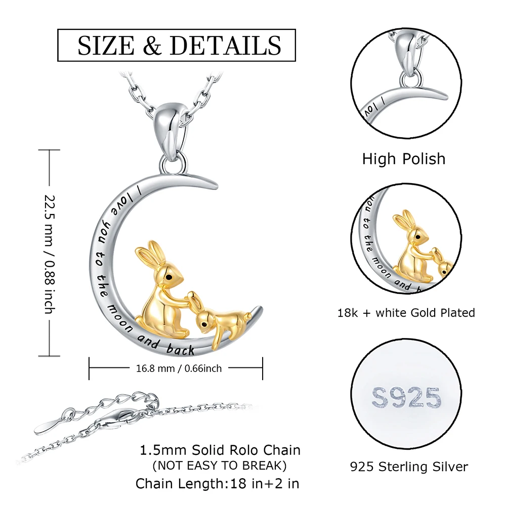 925 Sterling Silver I Love You to The Moon and Back Necklace Double Bunny Rabbit Necklace Jewelry Gifts for Women Mom Daughter