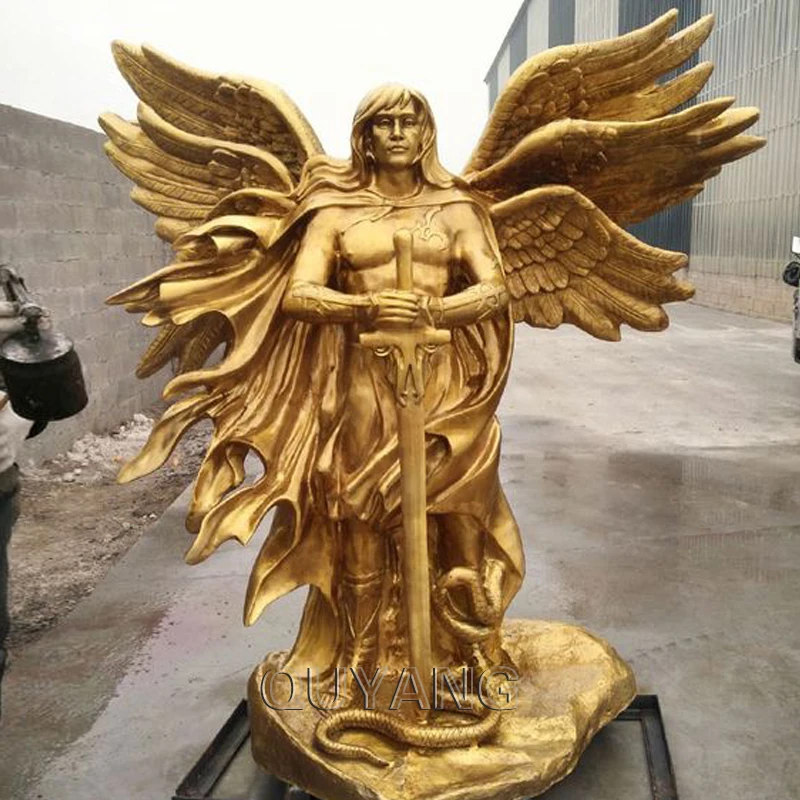 QUYANG Outdoor Religious Metal Golden Large Six Winged Guardian Angel Brass Statue Bronze Archangel Sculpture