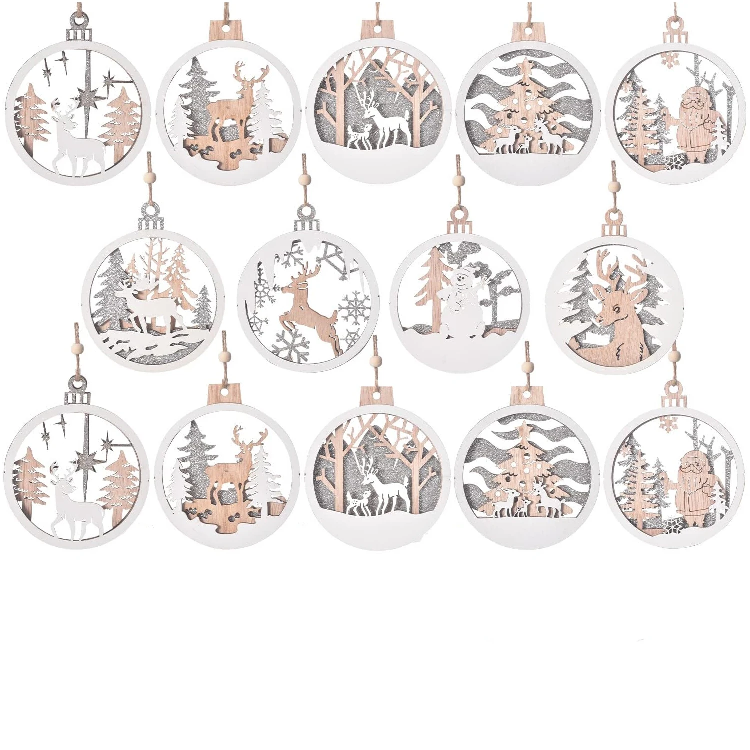 18 Christmas Decorations, Wooden Decorations, Winter Christmas Tree Decorations