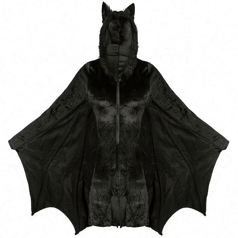 New Women Girls Halloween Black Velvet Furry Hooded Cappa Stage Cloak With Net Socks Game Cosplay Bat Costume Tops Coat