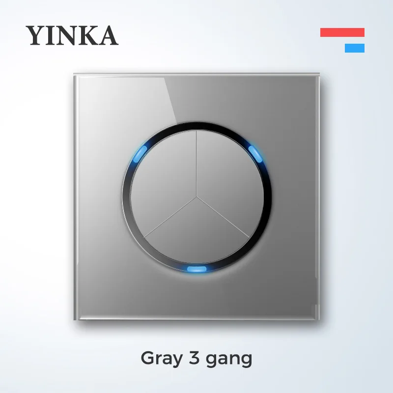 YINKA Universal Round Tempered Glass Home Wall Switch Panel LED Indicator Black Grey Gold White 250V 16A Wall Key Switch