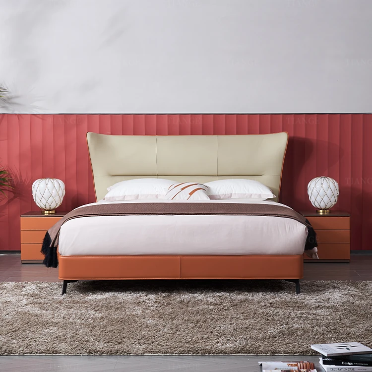 Italian luxury wooden frame bed couple 1.8m King size bed metal leg bed with soft headboard