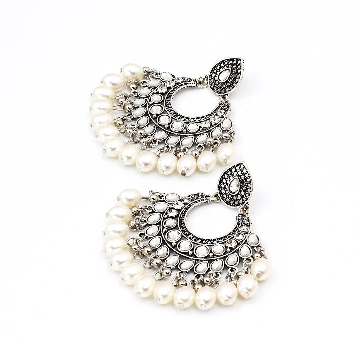 2024 Wholesale Vintage Jewelry Jhumki Bahubali Antique Silver Peacock Multi Color Bead Dangling Earring African Tassels Pearl