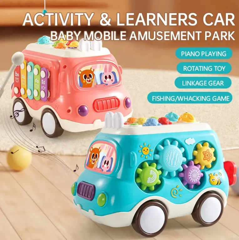 Hot sale 6 IN1 Montessori Educational Toys Knock Piano Fishing Game Gear Kids Musical Learning Toys Sliding Car Baby Bus Toy