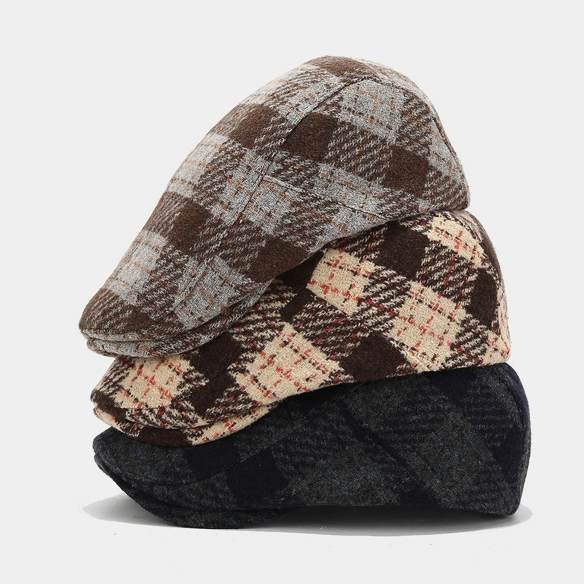 Irish Outdoor Plaid Beret Winter Hat for Men Women Wool Tweed Newsboy Flat Cap
