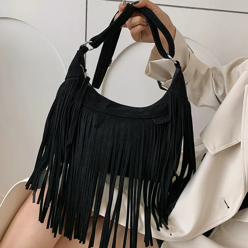 2023 Bohemian Vintage Women Tassel Hobo Shoulder Bag Purses Trendy Suede Leather Fringed Crossbody Bags