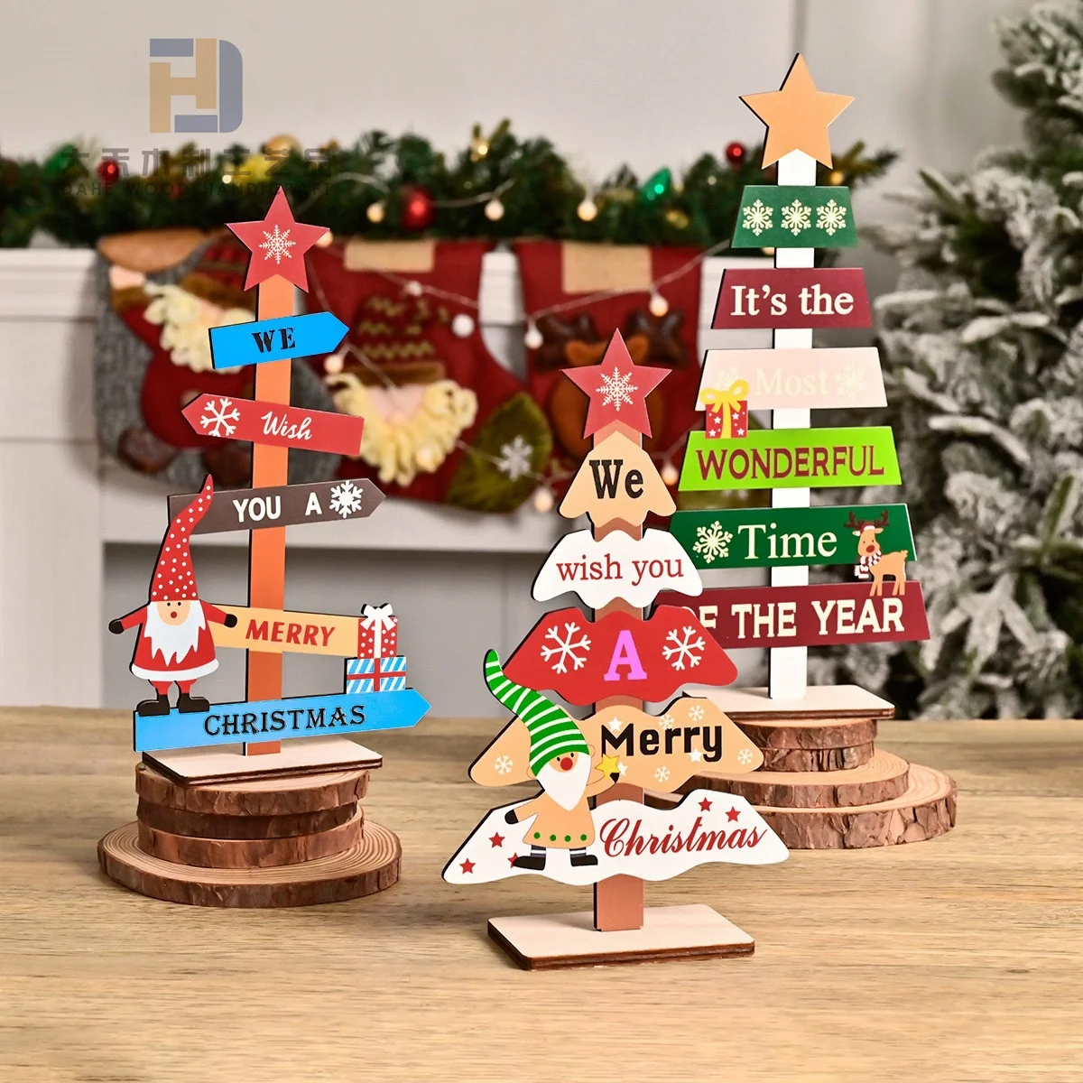 Printed Laser Cut Wooden Christmas Tree with Top Star and Stand for Xmas Tabletop Decor Office Party Ornaments