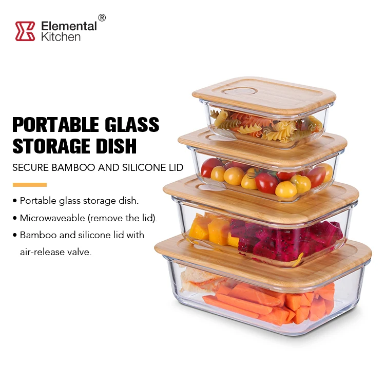 Bamboo Lid Lunch Box, Borosilicate Storage Canister, Glass Food Storage Containers