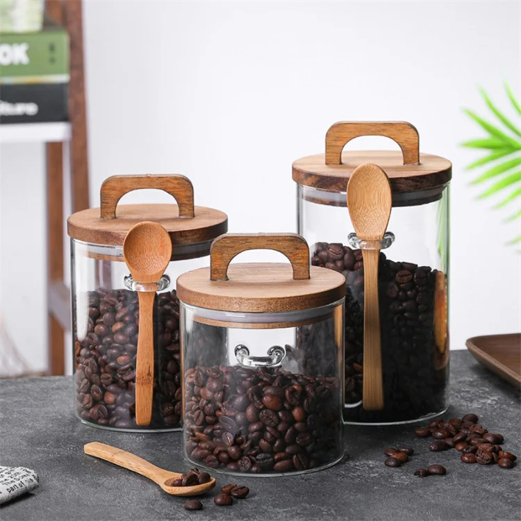 Kitchen Glassware Food Storage Container and Jar Eco Friendly Borosilicate Glass with Wooden 700ml 800ml 1000ml Handmade Modern