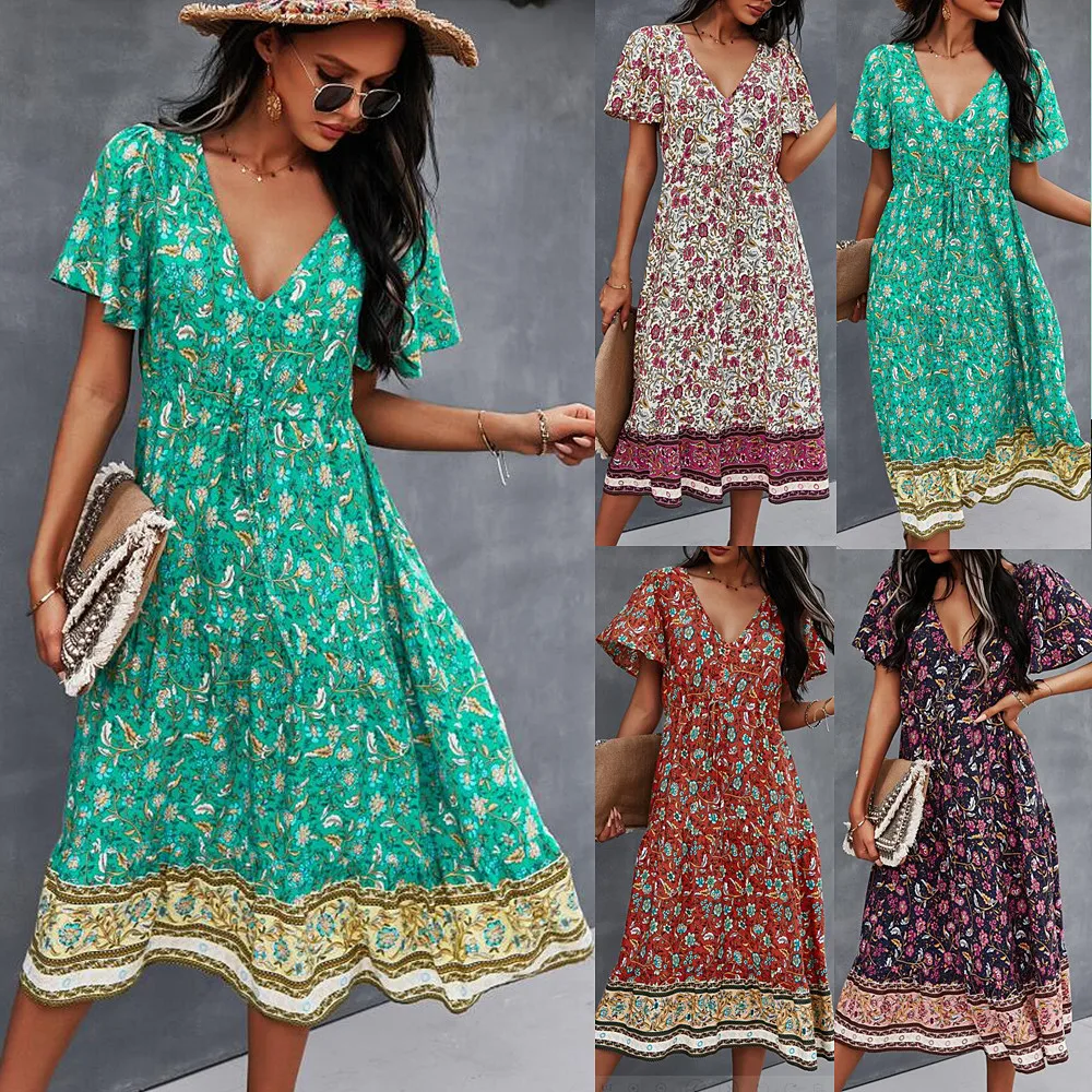 Chinese Factory Westren Fashion Clothes Beach Wear V Neck Ladies Cheap Floral Boho Dress Women