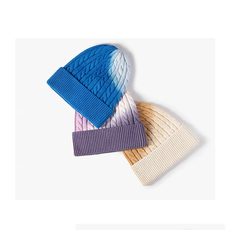 High quality women fashion plain beanie knitted custom logo men outdoor winter warm gradient tie die beanie hat