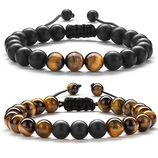 Men Women Couple Beads Custom Jewelry Sets Gifts Agate String Braided Rope Natural Tiger Eye Stone Yoga Bracelets Bangle