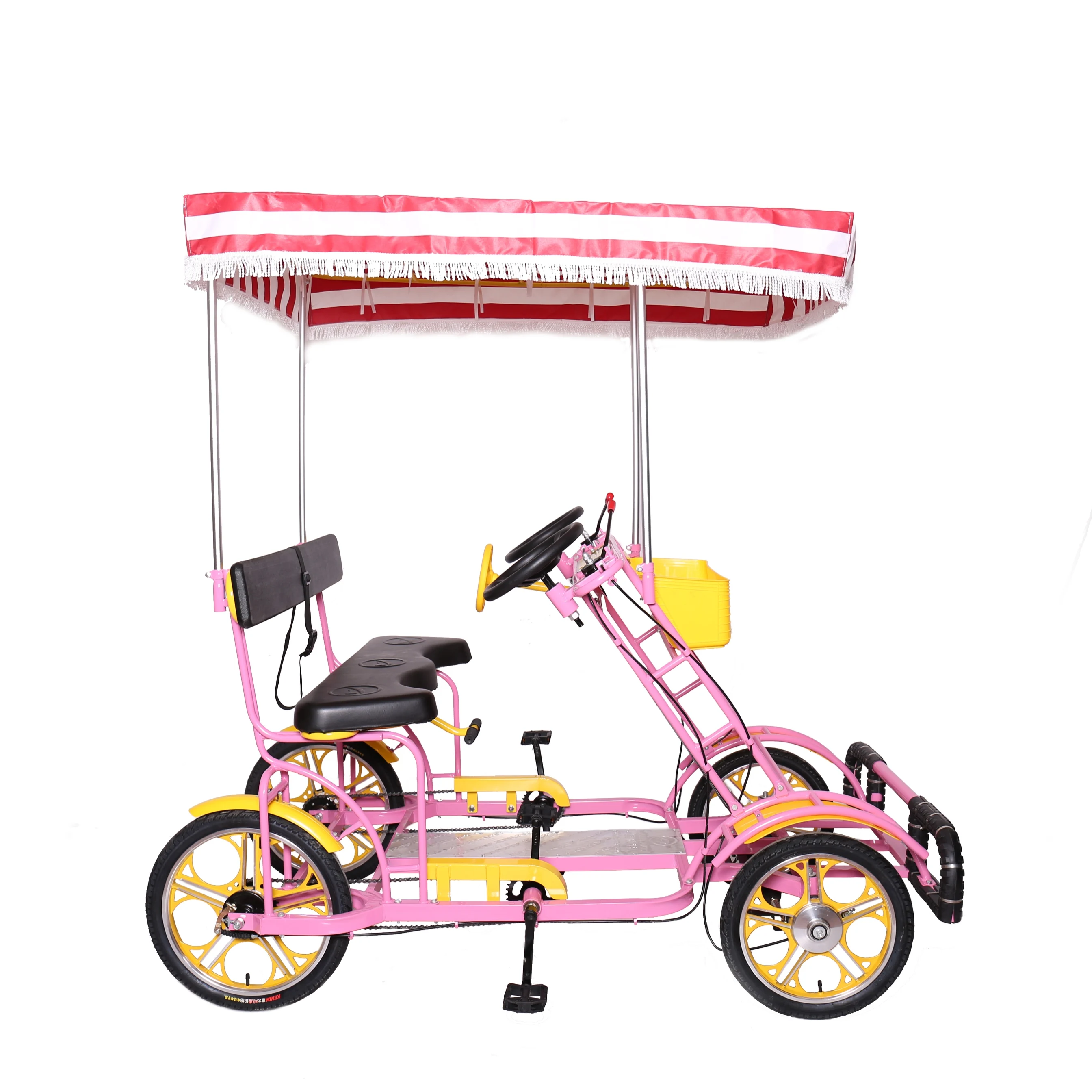 Hot sale 2 seats   4 wheel  2 person blue red pink green  tandem surrey bike for family rental sightseeing in park