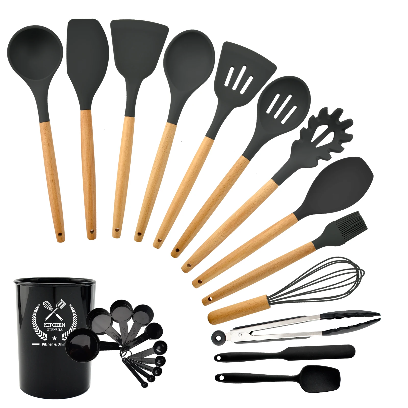 24PCS Kitchen Utensils Set, 2024 Cookware Wooden Handle Silicone Turner Tongs Spatula Spoon With Bucket