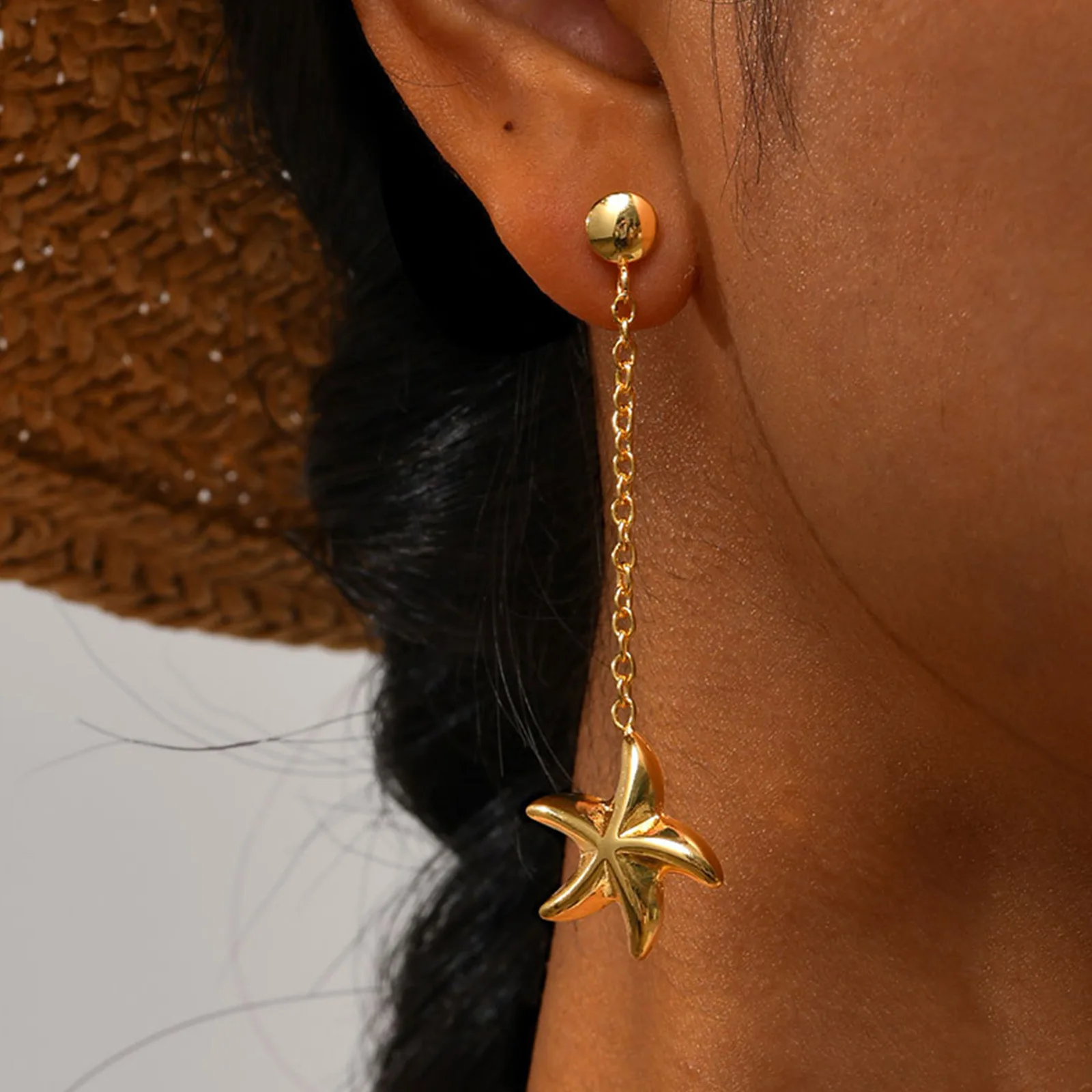 New Trend Fashion Summer Beach Jewelry Waterproof Women PVD Gold Stainless Steel Starfish Dangle Earrings