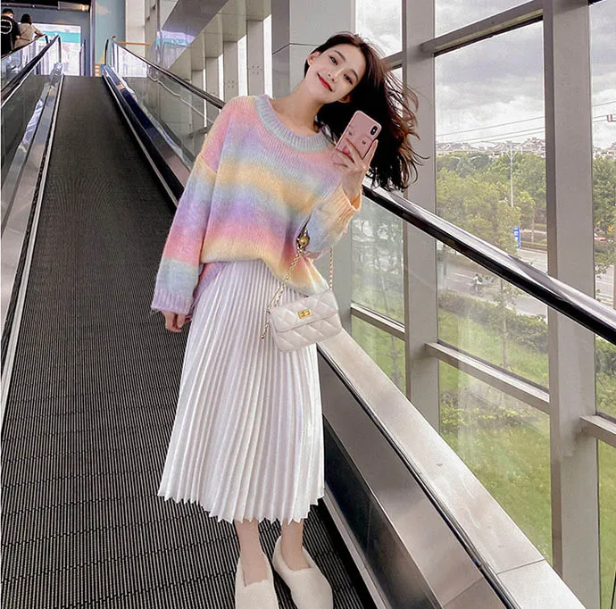 Japan Fashion Knit Sweater Rainbow stripe Pullover Loose Cocoon Lazy Style Knit Top